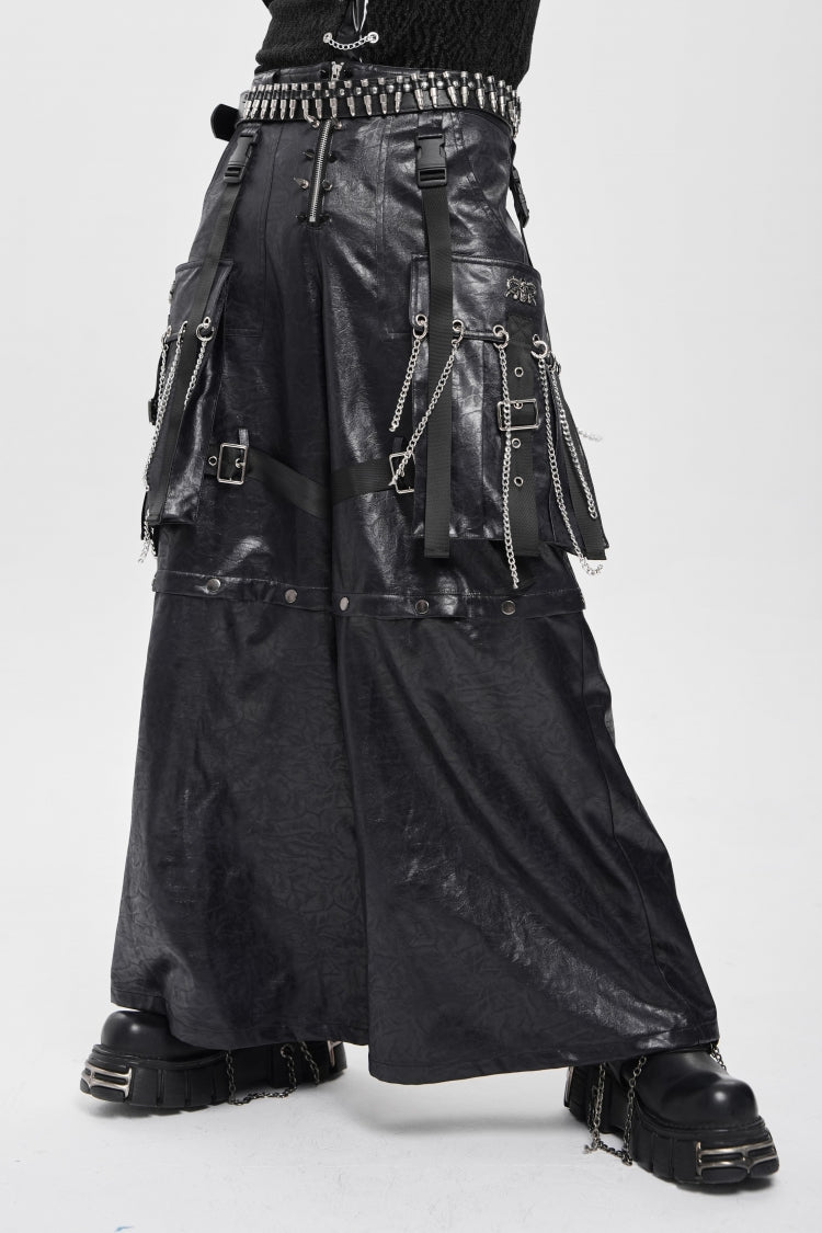 Black Big Pockets Straps Chain Men's Punk Pants - Black - 1