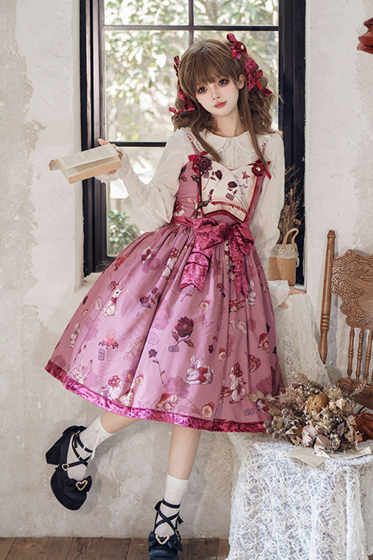 Red Sleeveless Rabbit Sunflower Print Ruffle Embroidery Bowknot Sweet Lolita Jsk Dress Long Version - Product - 3
