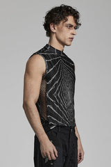 Halo Print Sleeveless Stitching Mesh Rivets Mens Steampunk T-Shirt 2 Colors - Product - 2