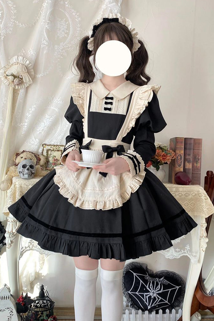 Black Maid Lapel Collar Short Sleeves Ruffle Sweet Classic Lolita Dress (Short or Long Version) - Product - 10