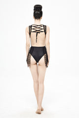 Black Lace Stitching Back Cross Strap Lace Up Women's Gothic One Piece Swimsuit - Product - 5