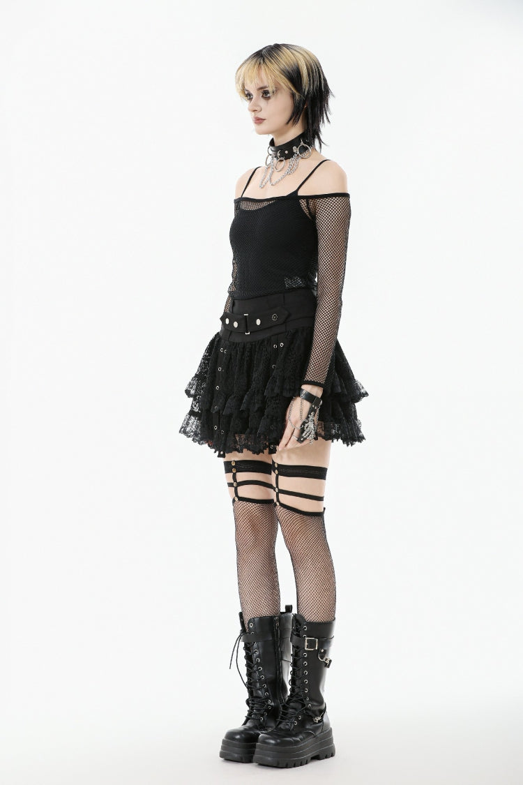 Black Wide-Waistband Eyelet Strap Double-Layered Lace Women's Punk Skirt - Product - 11
