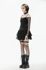 Black Wide-Waistband Eyelet Strap Double-Layered Lace Women's Punk Skirt - Product - 11