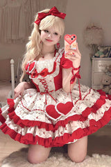 Red Double-Layered Floral Print Ruffle Bowknot Sweet Lolita Dress - Product - 3
