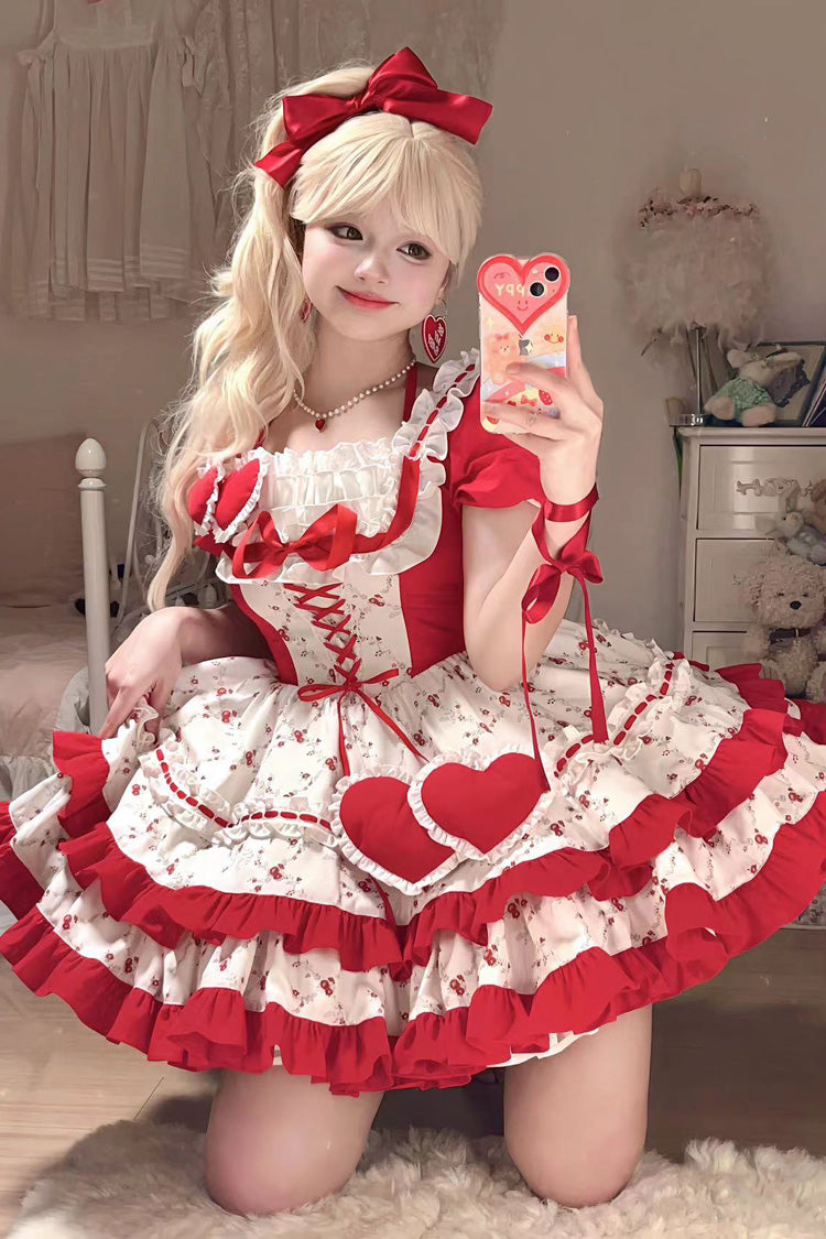Red Double-Layered Floral Print Ruffle Bowknot Sweet Lolita Dress - Product - 3