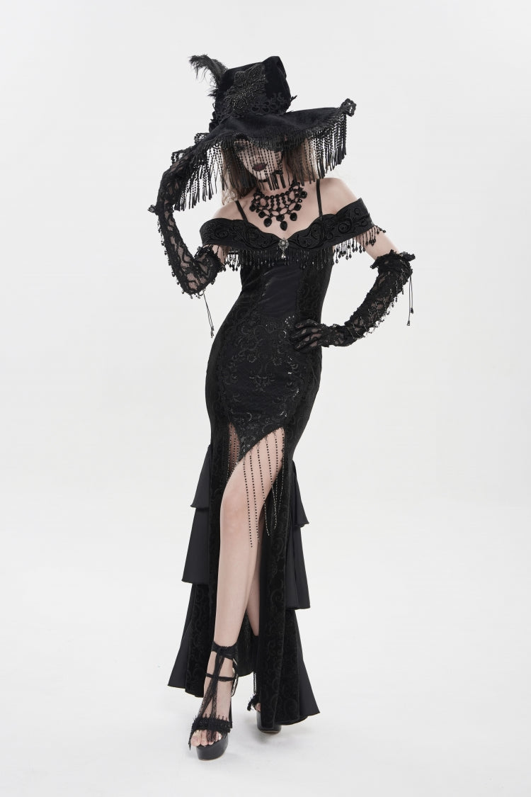 Black Off Shoulder Sleeveless Embroidered Lace Slim Women's Gothic Gorgeous Strapless Dress - Product - 6
