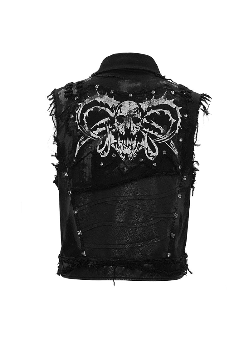 Black Heavy Metal Rivet Back Printed Coarse Twill Worn Out Men's Punk Waistcoat - Product - 10