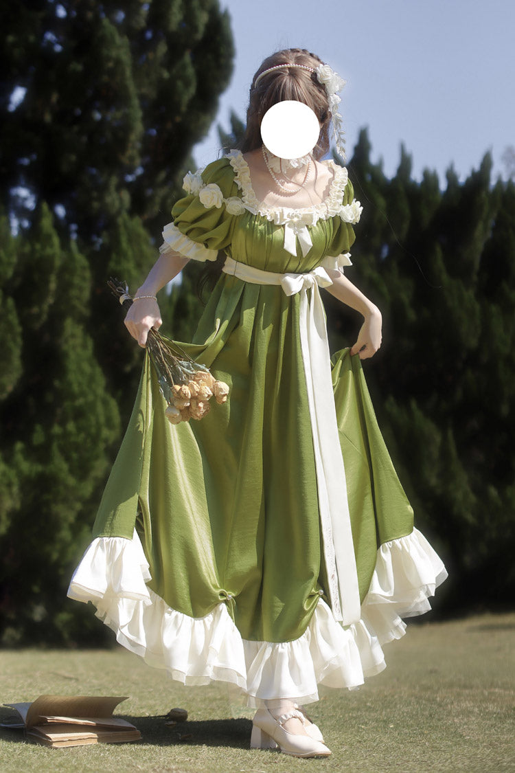 Green Square Collar Short Sleeves Ruffle Bowknot Sweet Regency-Style Vintage (Dress Only) detail view 7