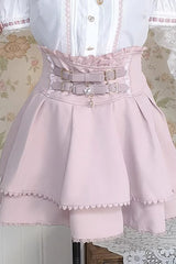 White/Pink Lapel Collar Short Sleeves Double-Layered Ruffle Bowknot Sweet Jirai Kei Set - Product - 8
