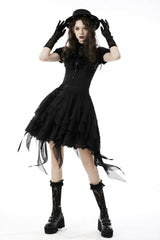 Black Ruffled Stand Collar Lace Jabot Short Puff Sleeves Front Button‑Up Lace-Up Women's Gothic Blouse - Product - 9