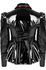 Black/Red Patent Leather Lapel Pleated Slim Fit Faux Leather Long Sleeve Punk Women's Jacket - Product - 6