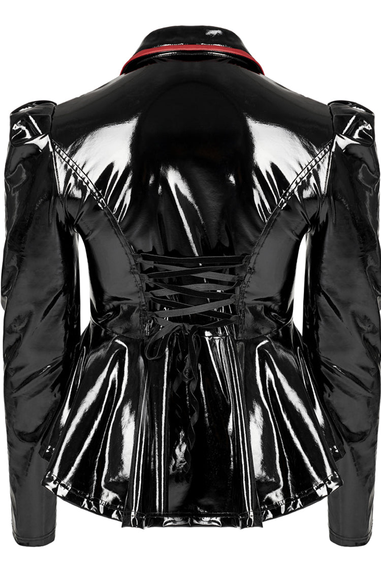 Black/Red Patent Leather Lapel Pleated Slim Fit Faux Leather Long Sleeve Punk Women's Jacket - Product - 6