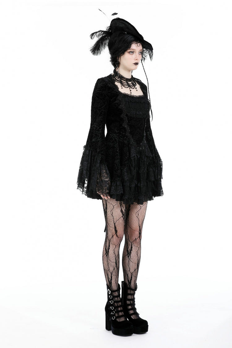 Black Square Collar Long Flared Sleeves Multi-Layered Lace Trim Lace-Up Women's Gothic Velvet Dress - Product - 2