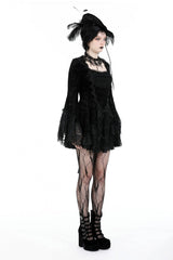 Black Square Collar Long Flared Sleeves Multi-Layered Lace Trim Lace-Up Women's Gothic Velvet Dress - Product - 2