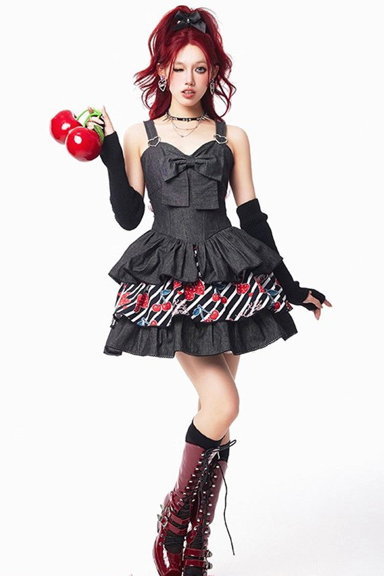Black Cherry Sleeveless Triple-Layered Print Ruffle Bowknot Denim Sweet Japanese Vintage (Dress Only) detail view 10