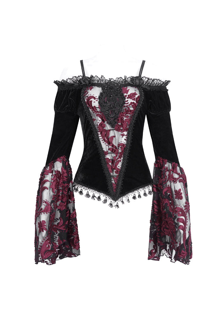 Black/Red Off Shoulder Trumpet Sleeves Embroidery Lace Women's Gothic Blouse - Product - 6