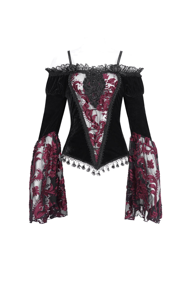 Black/Red Off Shoulder Trumpet Sleeves Embroidery Lace Women's Gothic Blouse - Product - 6
