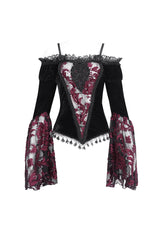 Black/Red Off Shoulder Trumpet Sleeves Embroidery Lace Women's Gothic Blouse - Product - 6