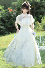 White [Hydrangea Message] Short Sleeves Print Ruffle Lace Sweet Chinese Style Elegant Lolita Dress - Product - 11