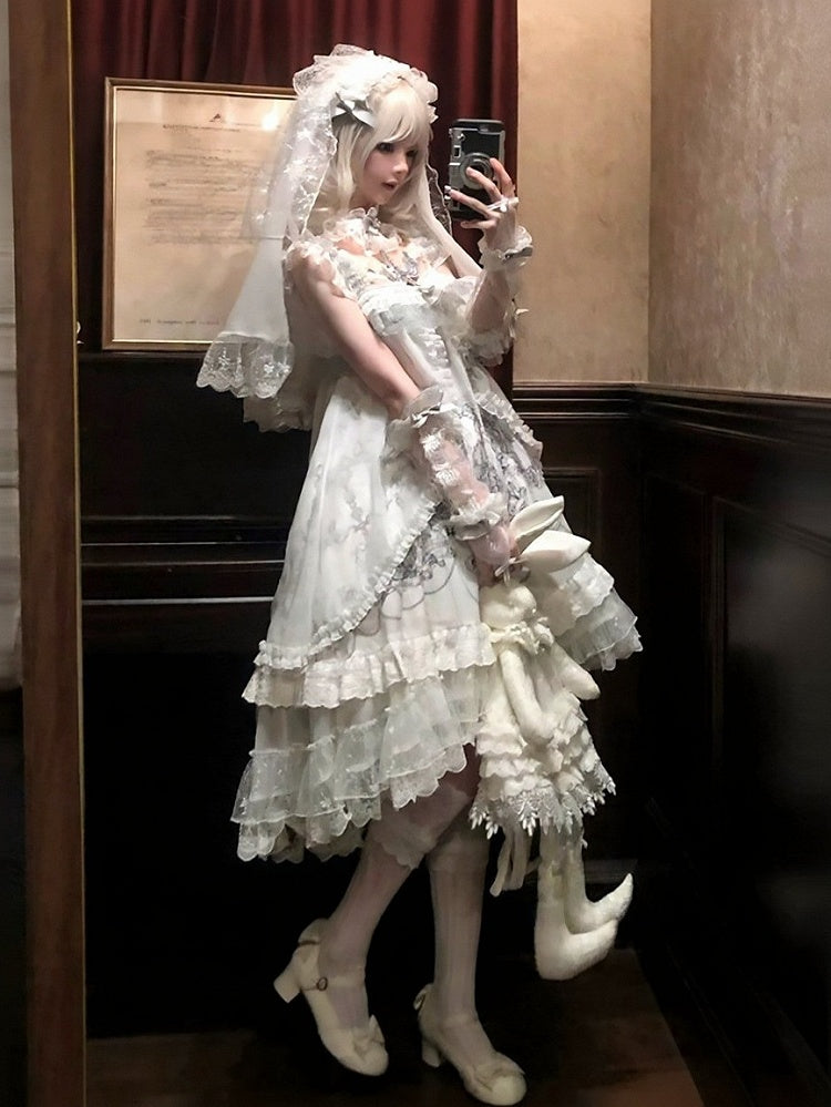 Gothic White Candle Print Waistless Lolita JSK Dress with Lace Details + Choker + Candle Embroidered Brooch Set - view 11