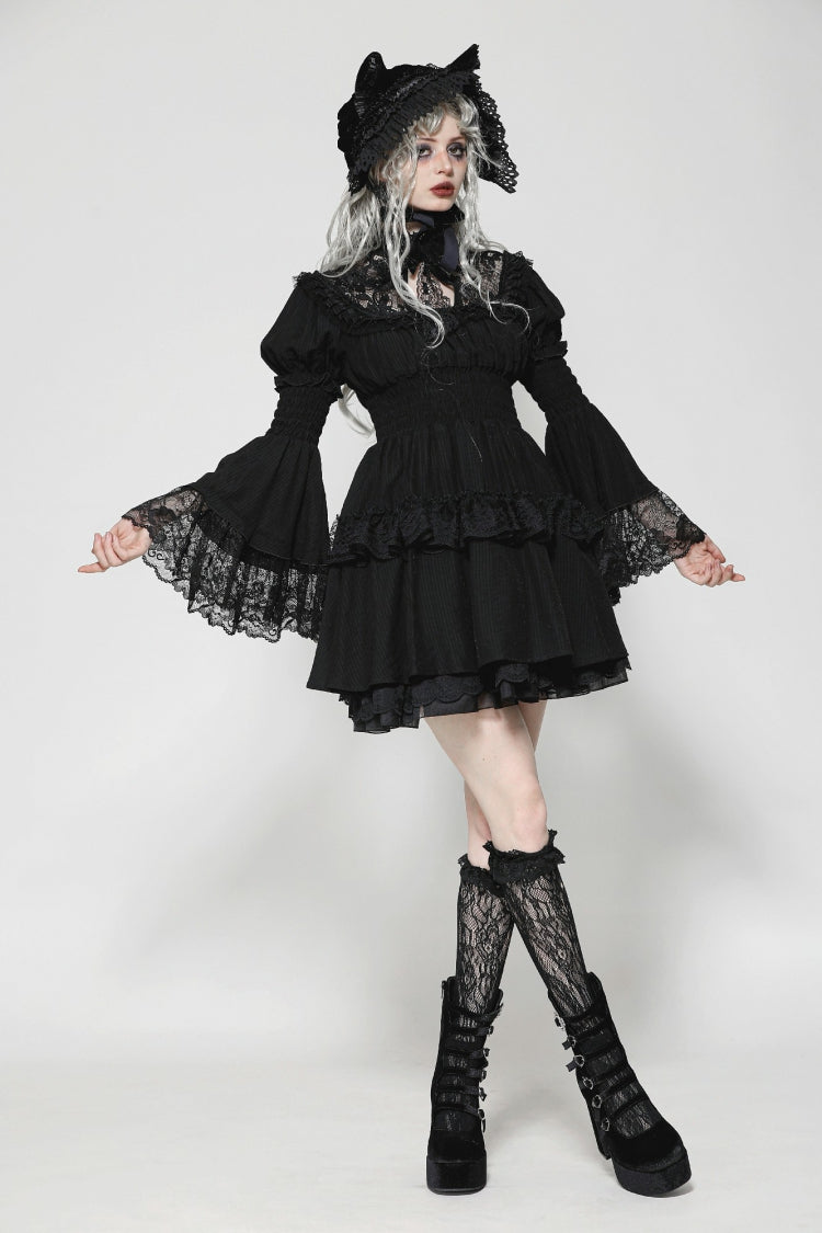 Black Lace Ruffled Stand Collar Long Puff Sleeves Cut-Out Women's Gothic Grad Dress - Product - 8