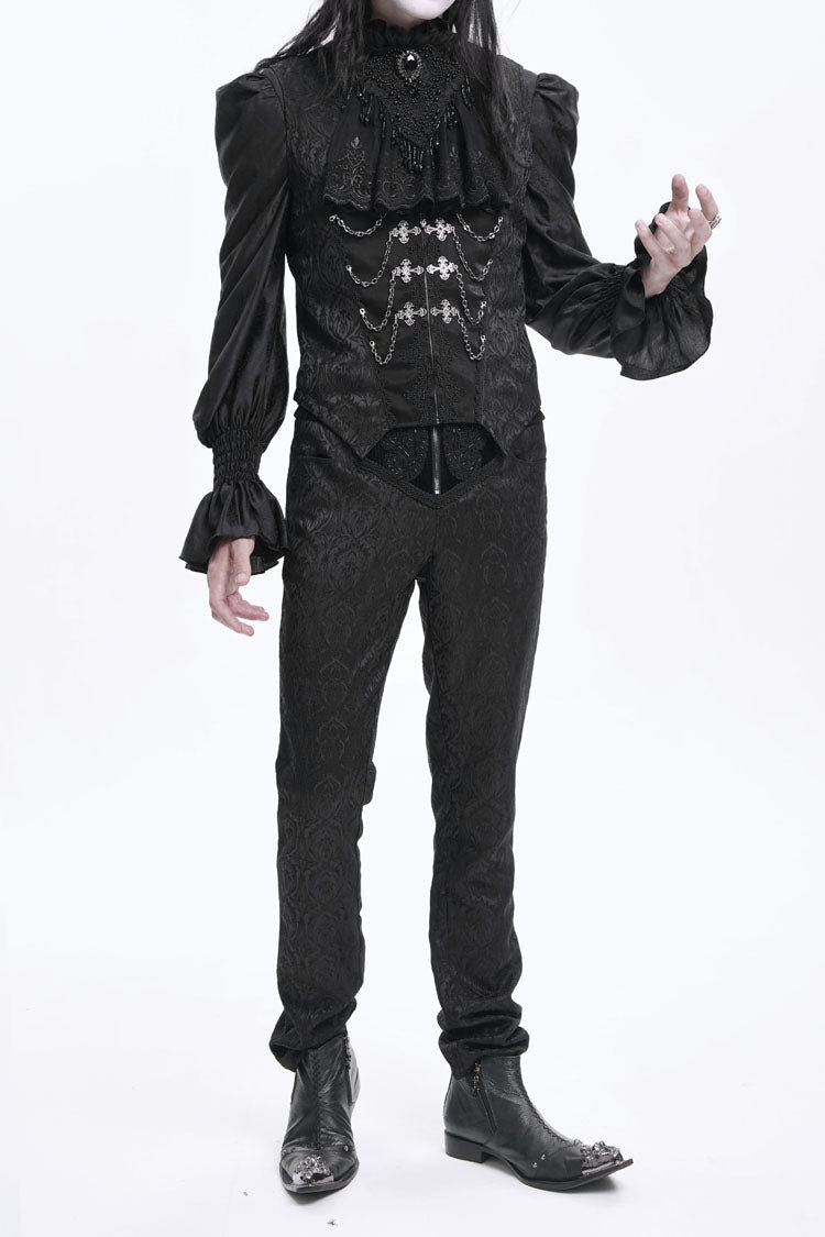Black Floral Print Embroidery Branded Zip Men's Gothic Pants - Product - 12