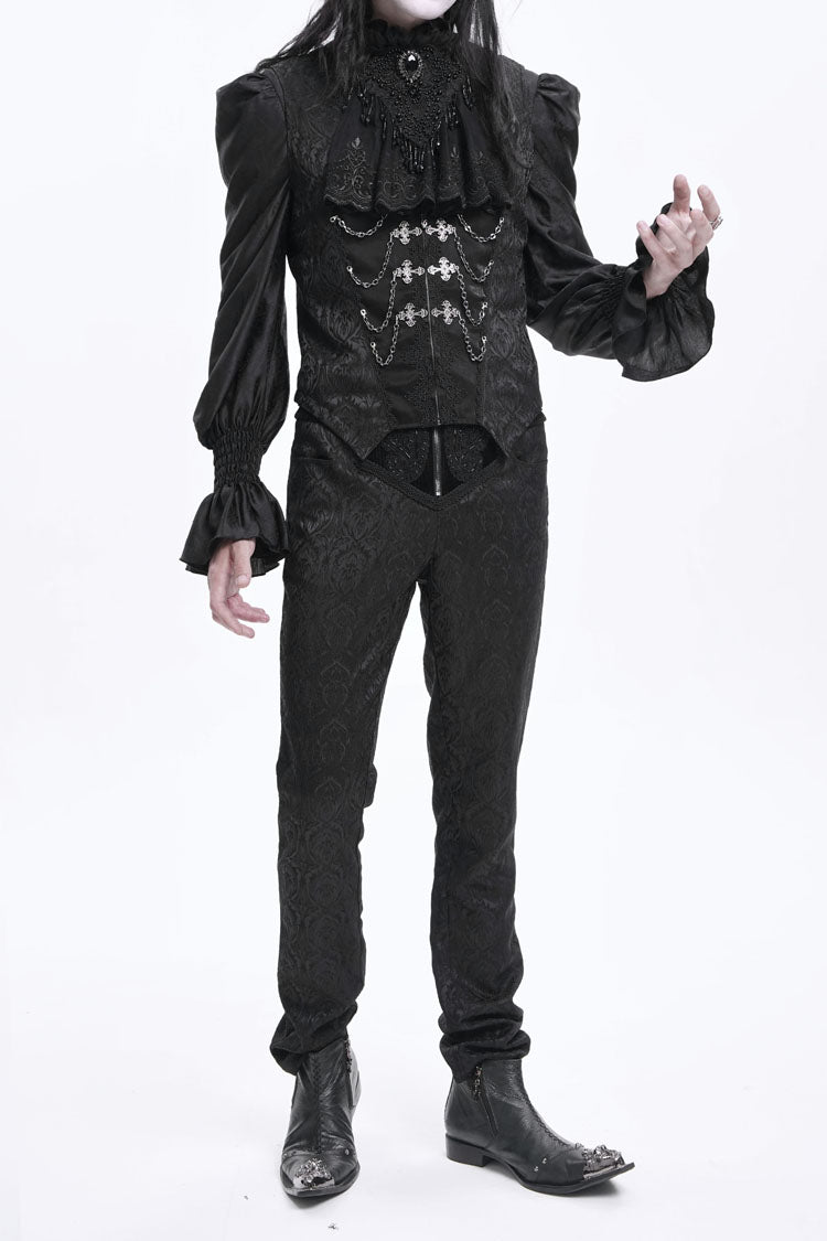 Black Floral Print Embroidery Branded Zip Men's Gothic Pants - Product - 12