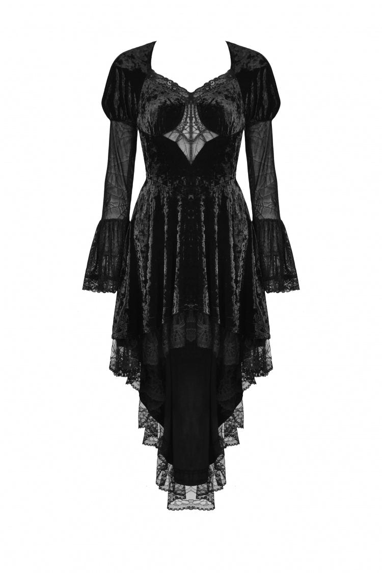 Black Long Puff Sleeves High Low Irregular Multi-Layered Lace Women's Gothic Velvet Dress - Product - 3
