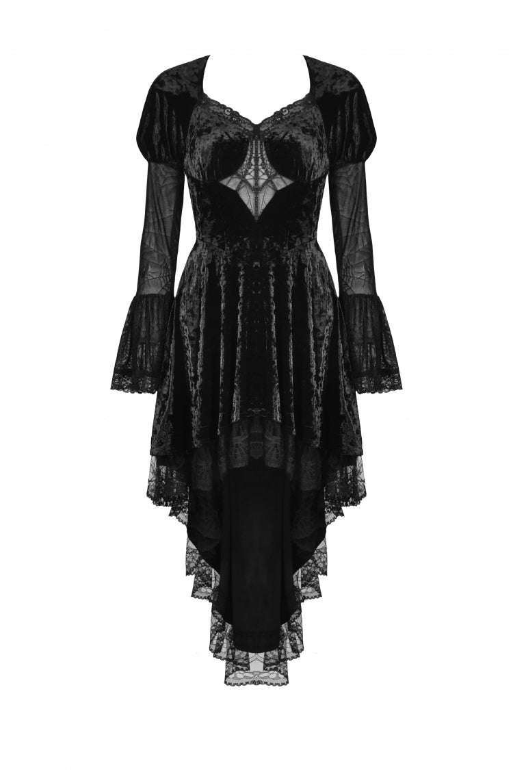 Black Long Puff Sleeves High Low Irregular Multi-Layered Lace Women's Gothic Velvet Dress - Product - 3