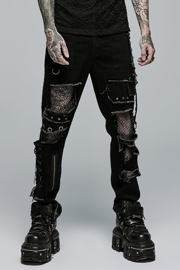 Black Hollow Lace-Up Ripped Men's Punk Pants - Black - 1