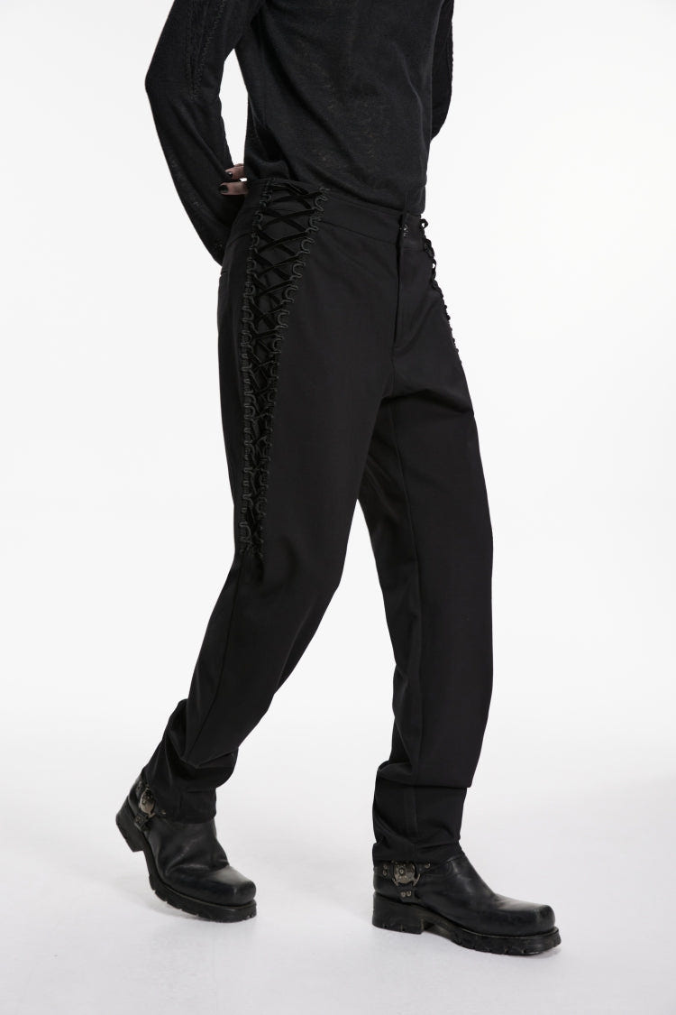Black Spliced Lace-Up Slim Buckled Men's Gothic Pants - Product - 8