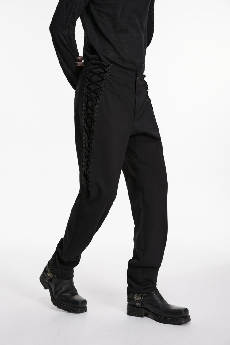 Black Spliced Lace-Up Slim Buckled Men's Gothic Pants - Product - 8