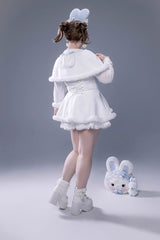 White Long Sleeves Ruffle Bowknot Lace-Up Japanese Jirai Kei Dress Shorts Plush Set - Product - 12