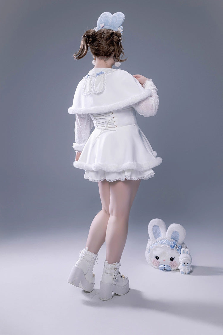White Long Sleeves Ruffle Bowknot Lace-Up Japanese Jirai Kei Dress Shorts Plush Set - Product - 12