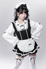 Black/White [Showcase Doll] Japanese Maid-Style Long Sleeves Ruffle Bowknot Jirai Kei Japanese Dress Shorts Set with Detachable Apron - Black/White - 1