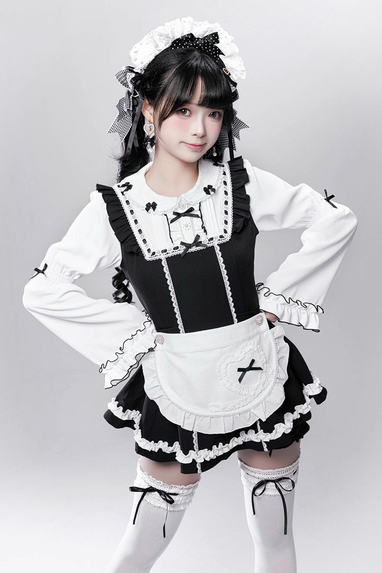 Black/White [Showcase Doll] Japanese Maid-Style Long Sleeves Ruffle Bowknot Jirai Kei Japanese Dress Shorts Set with Detachable Apron - Black/White - 1