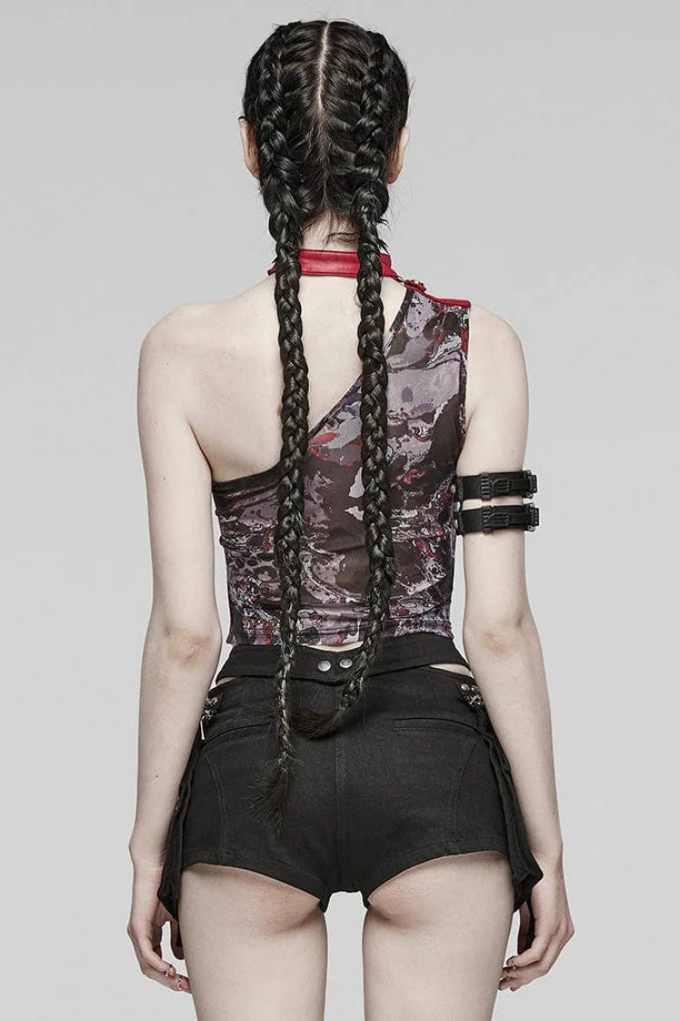 Asymmetrical Off Shoulder Sleeveless Print Womens Steampunk Halter Vest 2 Colors - Product - 4