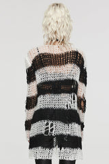 Long Sleeves Striped Print Zipper Irregular Ripped Women's Steampunk Sweater 4 Colors - Product - 3