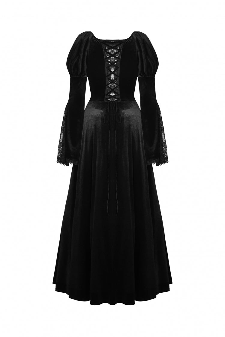 Black Long Puff Sleeves Spliced Lace Lace-Up Women's Gothic Vintage Velvet Wedding Dress - Product - 12
