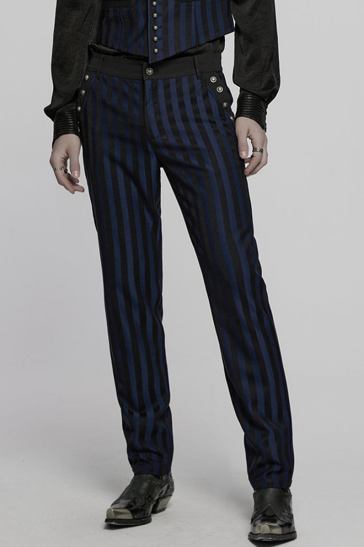 Black/Blue High Waisted Striped Print Men's Gothic Suit Pants - Product - 2