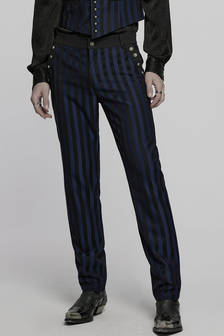 Black/Blue High Waisted Striped Print Men's Gothic Suit Pants - Product - 2