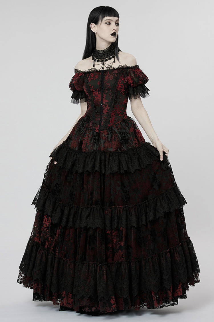 Short Puff Sleeves Print Ruffle Lace Women's Gothic Dress 2 Colors - Product - 12