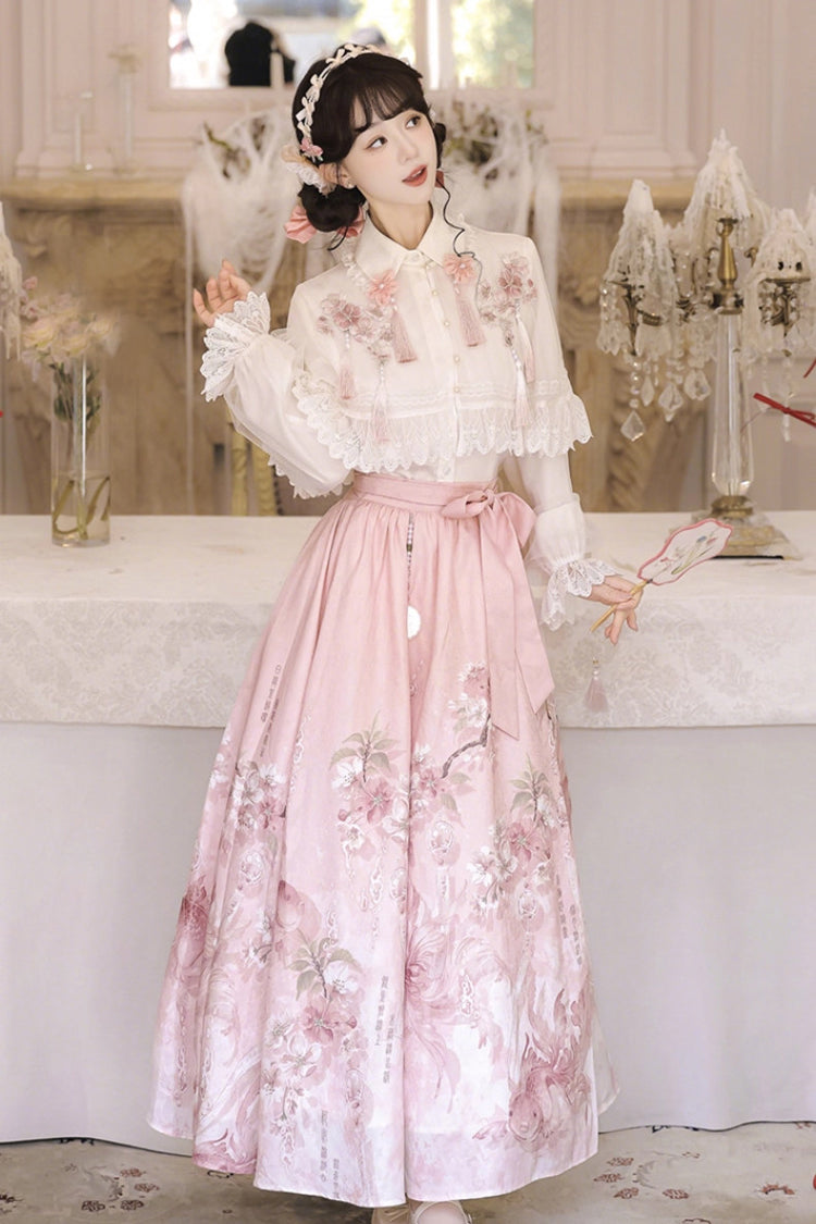 White/Pink [Cherry Blossom Rain] Lapel Collar Long Sleeves High Waisted Printed Women's Sweet Hanfu Dress Set - Product - 2