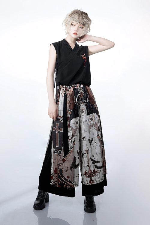Black V Collar Night Command Embroidered Ouji Lolita Sleeveless Top - Product - 2