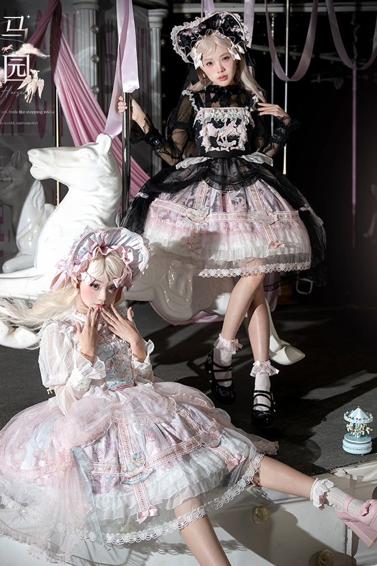 Pink/Blue [Pegasus Park] Multi-Layered Print Ruffle Bowknot Lace Sweet Gorgeous Lolita Jsk Dress - Product - 11