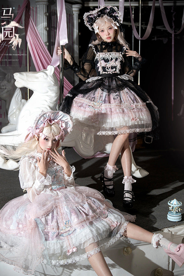 Black/Pink [Pegasus Park] Multi-Layered Print Ruffle Bowknot Lace Sweet Gorgeous Lolita Jsk Dress - Product - 9