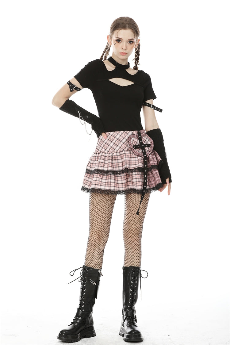Pink Rock Heart Plaid Double-Layered Ruffled Women's Lolita Mini Skirt with Lace Hem - Product - 7