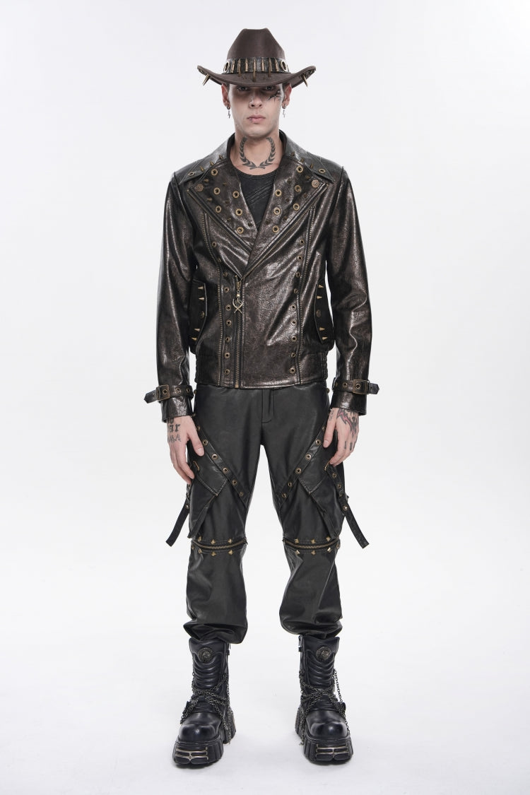 Brown Lapel Collar Long Sleeves Asymmetric Studded Zippered Pleated Eyelet Men's Punk Jacket - Product - 6