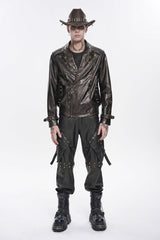 Brown Lapel Collar Long Sleeves Asymmetric Studded Zippered Pleated Eyelet Men's Punk Jacket - Product - 6