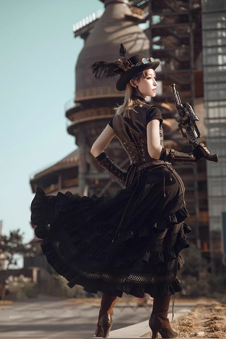 Black Multi-layer Ruffle Hollow Tassel Drawstring Gothic Punk Long Skirt - Product - 4